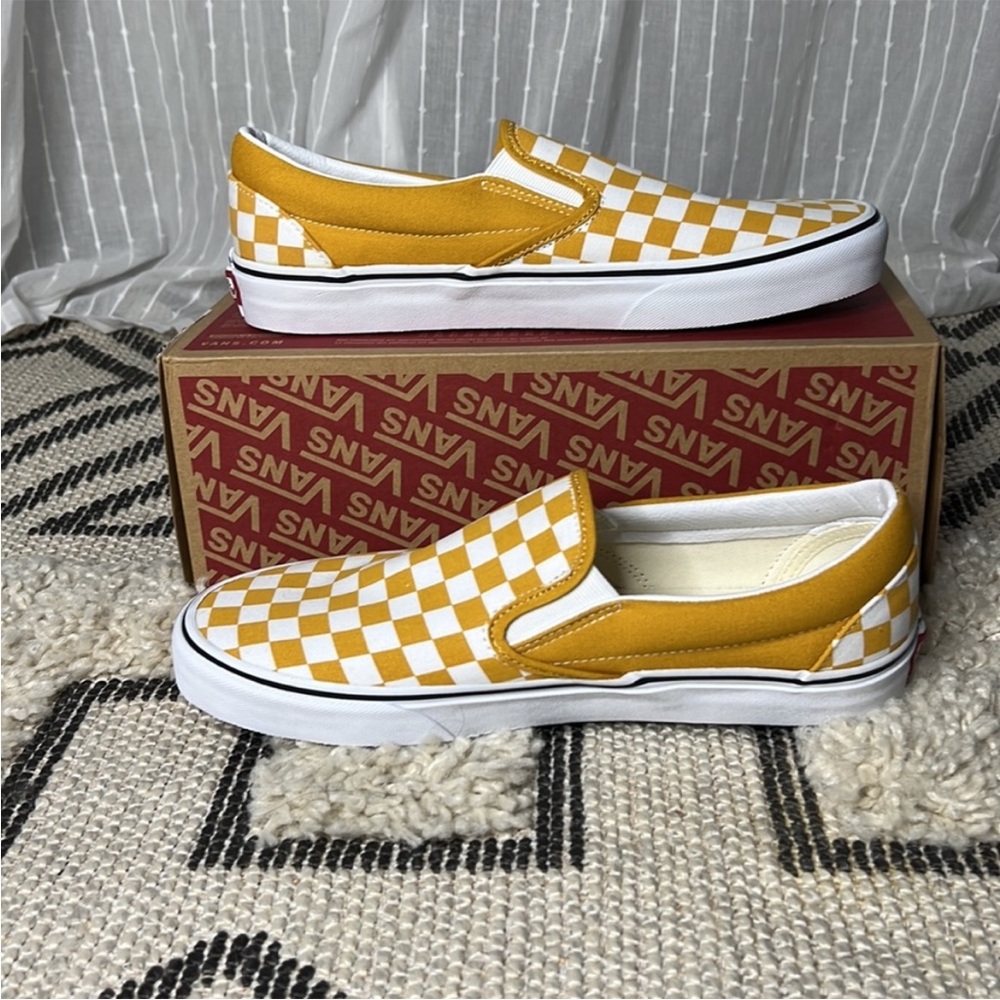 Men's Vans Golden Yellow Slip On Checkerboard Canvas Sneakers